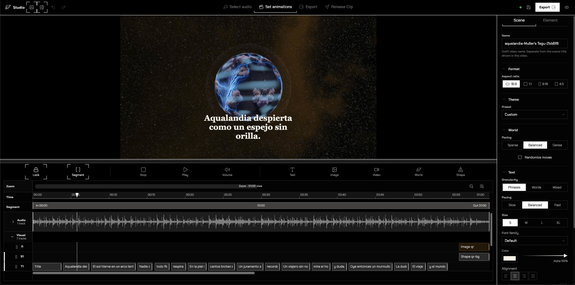 Studio — canvas, timeline and inspector